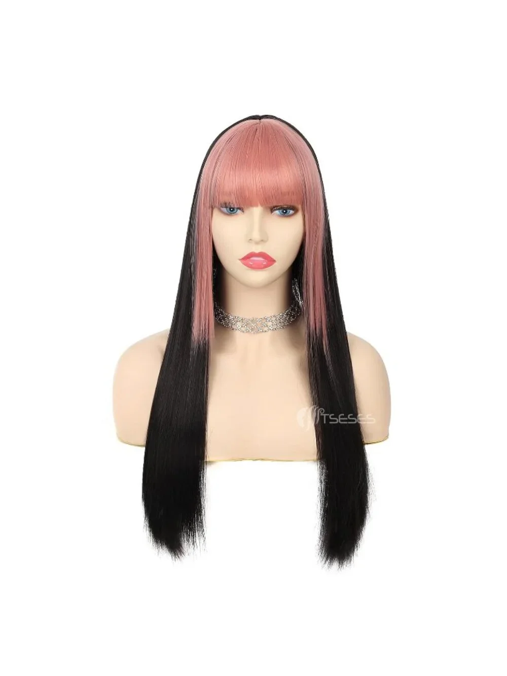 Women's Pink Black Long Curly Wig With Wavy Synthetic Cosplay Halloween Wig